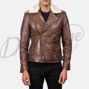 Chaqueta de Motociclista de Cuero Marrón para Hombre con Cuello de Piel de Oveja Blanca, Chaqueta de Motociclista Ajustada de Piel de Oveja Real con Cinturón para Invierno - Product Image 4