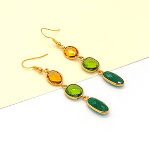 ต่างหูห้อยประดับพลอยหลากชนิดสไตล์โบฮีเมียนรูปดอกไม้สีเขียวซิทรินเพอริดอตและออนิกซ์ |   ขอบตัดลายตารางทำมือ ชุบทอง 18K - Product Image 4