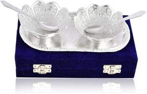 KAKA ENTERPRISES Silver Plated Brass Bowl Set 2 Spoons | Modern Handmade Lightweight German Design Royal Velvet Gift <b>Box</b> - Product Image 2