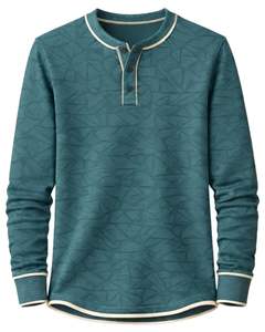 <b>Mens</b> Teal Blue Geometric Printed <b>Henley</b> Pullover Sweatshirt Long Sleeve French Terry Regular Fit Casual <b>Top</b> For <b>Men</b> Winter Wear - Product Image 1