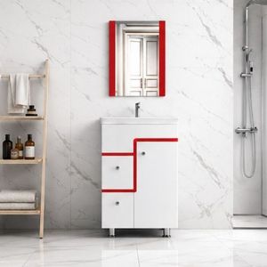 Meuble de salle de bain moderne SOON avec miroir, lavabo en céramique, finition PVC blanc, sur pied, 51 x 41 x 76 cm - Product Image 1