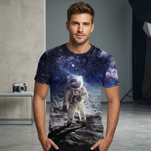 Camiseta de Manga Corta para Hombre con Estampado Espacial de Astronauta, Cuello Redondo, Corte Regular Informal, Diseño Transpirable de Poliéster Tejido - Product Image 4