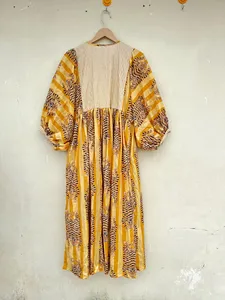 Bohemian Yellow Tiger Print Cotton Midi <b>Dress</b> Vintage Puff Sleeve <b>Loose</b> Fit Tie Neck Summer <b>Dress</b> For Women - Product Image 2