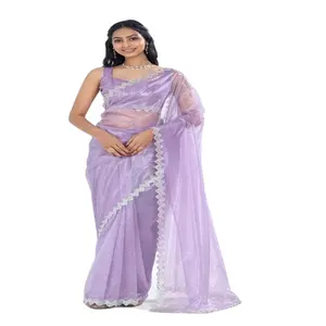 紫色美丽的Swroski作品Twirll柔软欧根纱衬衫，带Swroski纱丽 | 未缝合纱丽系列批发价印度