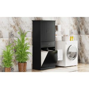 Mobiletto Nero per Bagno con Due Cesti Portabiancheria e Cassetti Organizzatori con Ante - Product Image 3