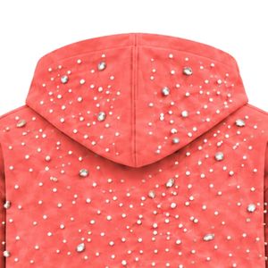 Sweat à capuche zippé rose corail perlé, orné de cristaux étincelants, style streetwear, à manches longues, avec poche avant - Product Image 4