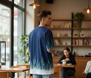 Camiseta Cyber-Green Flame Gradient de Corte Regular, Estilo Urbano, Impresión por Sublimación, Secado Rápido, Transpirable, Tejido Grueso, Color Esmeralda, 100% - Product Image 3