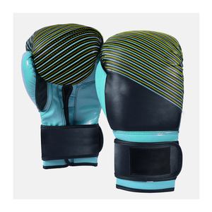 Leather Boxing Gloves Blue Black Yellow Striped Velcro Closure Adjustable Wrist <b>Strap</b> Adult Unisex Training Gear - Product Image 5