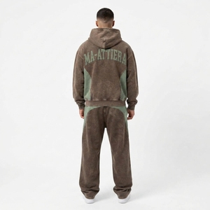 Conjunto Deportivo con Capucha para Hombre, Color Marrón y Verde, Estampado de Letras, Cierre Completo, Corte Holgado, Estilo Casual Otoñal, 100% Algodón Transpirable, Sudadera y Pantalones - Product Image 2