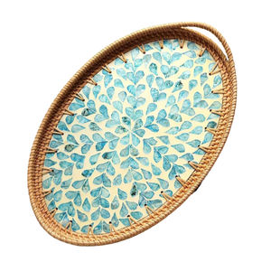 Plateau de service rond moderne en rotin incrusté de nacre pour le Ramadan et les mariages, artisanat, collations, thé - Product Image 2
