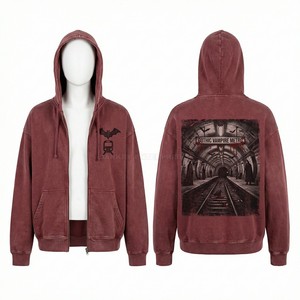 เสื้อฮู้ดดี้พรีเมียมผู้ชายสีน้ำเงินฟอกยีนส์แบบซิปเต็มตัว พิมพ์ลายแวมไพร์ สไตล์สตรีทแวร์ ทรงโอเวอร์ไซส์ ผ้าคอตตอนฟลีซหนานุ่ม ผลิตจากโรงงาน - Product Image 3