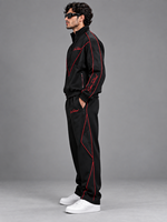 Ensemble survêtement homme Sam.Tactical noir avec veste à capuche zippée et pantalon, surpiqûres rouges, style streetwear, coupe classique, pour l'automne