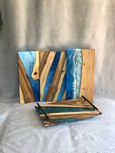 Handcrafted Ocean Blue <b>Epoxy</b> Resin Wooden Serving Tray with Durable Gold Metal Handles for Kitchen, <b>Coffee</b> <b>Table</b> & Gift Giving - Product Image 5