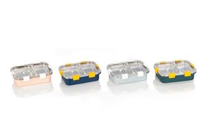 Boîte à lunch en acier inoxydable à 2 compartiments, conteneur bento rectangulaire avec couvercle en plastique et clips jaunes - Product Image 3