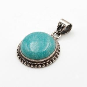 Pendentif vintage en argent sterling 925 avec cabochon rond en amazonite, serti clos, bijou en pierre naturelle - Product Image 4