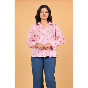 Camisa de Algodón a Rayas con Estampado de Corazones para Mujer, Blusa de Manga Larga con Botones, Estilo Casual Chic, Linda Camisa de Oficina Estilo San Valentín - Product Image 1