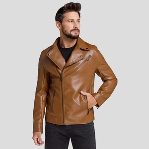เสื้อแจ็คเก็ตหนังสำหรับขี่มอเตอร์ไซค์สีน้ำตาลสำหรับผู้ชาย - Product Image 1