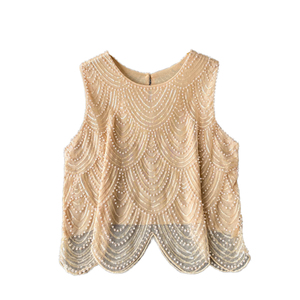 Vintage <b>Beaded</b> Spandex Tank <b>Top</b> Women O-Neck Geometric Pearl Embellished Sleeveless Breathable Sequined Casual Short - Product Image 3