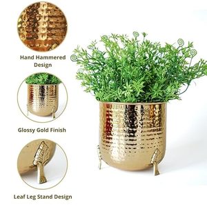 Modern Brass Flower <b>Pot</b> with Long Handle and Hand Carved Finish 16cm Diameter for <b>Table</b> Top Use - Product Image 3