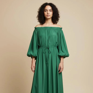 Ladies <b>Boho</b> Cotton Linen Maxi <b>Dress</b> Off Shoulder 3/4 Sleeve Elastic Waist Adjustable Tie Loose Fit <b>Long</b> <b>Dress</b> - Product Image 1