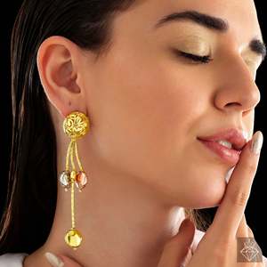 Prao ต่างหูห้อยโดมห้อยระย้าสีทองแบบไตรโทนป้องกันการเสื่อมเสีย - Product Image 1