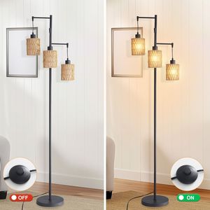 Lámparas de Pie Modernas con Pantallas de Tela y Ratán para Sala de Estar o Dormitorio, con Interruptor de Pie - Product Image 6