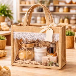 Bolsa de Regalo de Yute Natural con Ribete de Encaje, Cesta de Almacenamiento Transparente Ecológica con Asa - Product Image 2
