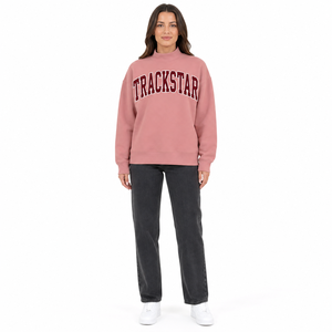 Dusty Pink Burgundy Trackstar Women's Mock Neck Sweatshirt Varsity Letter Custom Logo OEM Private Label Wholesale Pullover <b>Top</b> - Product Image 1