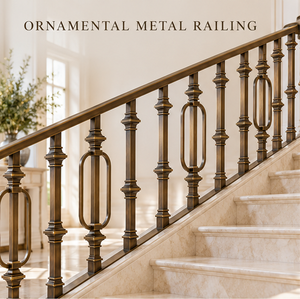 Rampe d'escalier classique en métal bronze avec balustres ovales et poteaux carrés décoratifs pour intérieurs de villas élégantes - Product Image 1