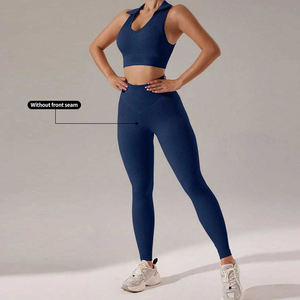 Ensemble de yoga pour femme, haut court à bretelles croisées à imprimé floral bleu, leggings taille haute longueur intégrale, respirant, en spandex et polyester, 2 pièces - Product Image 1