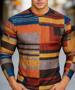 Men <b>Patchwork</b> Long Sleeve Knitted Casual <b>Shirt</b> V-Neck Full Sleeve Autumn Wear Multi Color Patterned Top - Product Image 4