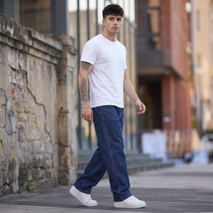 Men's Wide Leg High <b>Waist</b> Dark Blue Denim <b>Jeans</b> Loose Fit Casual Style 100% Cotton Button Fly Solid Color Midweight Woven - Product Image 5