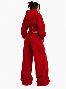 Low MOQ Y2K Luxury <b>Red</b> <b>Corset</b> Waist Cropped Hoodies OEM Women's Contemporary Tracksuit Heavyweight Cotton Fleece Wide Leg Pants - Product Image 3