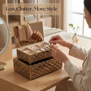 Luxury <b>Brown</b> Glass Decorative <b>Storage</b> <b>Box</b> Set with Gold Geometric Metal Frame | Premium Jewelry Vanity Organizer Cases for Decor - Product Image 4