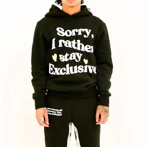 Unisex Black Hooded Tracksuit Set With Slogan Print Full Length Sweatpants And Pullover Streetwear Style For Adults Autumn Wear - Product Image 5