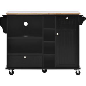 Solid Wood Desktop Kitchen Island Cart Storage Cabinet with Two Locking Wheels Microwave Cabinet Floor Standing <b>Buffet</b> <b>Server</b> - Product Image 6