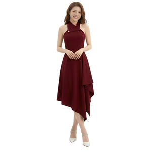 Meilleur prix Robe midi pour femme bordeaux à col licou, ourlet asymétrique, élégante, sans manches, coupe trapèze, pour soirée et tenue de soirée formelle - Product Image 1