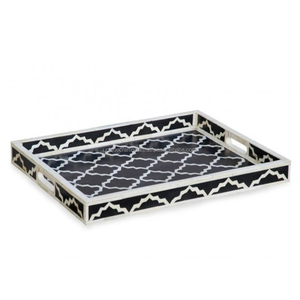 Plateau décoratif artisanal de qualité supérieure, noir et blanc, incrustation d'os, motif floral, plateau de service, motif floral, poignées latérales polies - Product Image 6