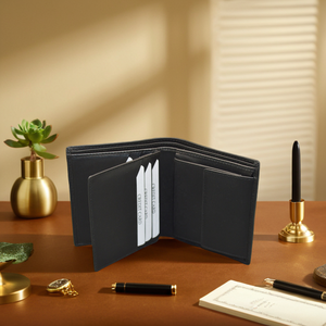 OEM Wholesale Men's Custom Handmade Bifold Card Holders Full Grain Genuine Cowhide <b>Leather</b> Short RFID Button Open Logo Polyester - Product Image 1