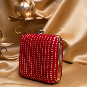 Bright <b>Red</b> Based Golden <b>Sequins</b> Embroidery Clutch Bag Elegant Designer Evening Purse for Women Events - Product Image 2