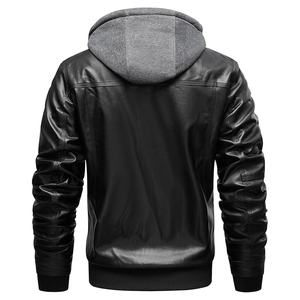 Chaqueta de Cuero para Hombre, Chaqueta de Motociclista, Chaqueta Cortavientos de PU con Capucha Desmontable - Product Image 3