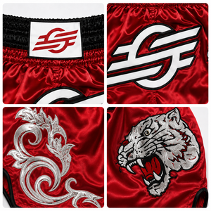 Shorts de boxe rouges avec broderie de tigre et logo sur le devant pour adultes unisexes, coupe classique, légers, séchage rapide - Product Image 5