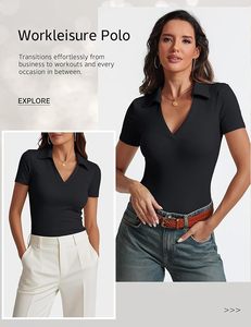 Women's <b>Black</b> Short Sleeve <b>Polo</b> Shirt Solid Color Breathable Knitted Casual Sport <b>Top</b> - Product Image 3