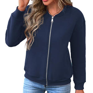 <b>Women's</b> <b>Navy</b> Blue Bomber <b>Jacket</b> Full Sleeve Zipper Closure O-Neck Solid Color Autumn Wear Knitted Polyester Material - Product Image 1