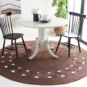 Tapis rond en jute à motif géométrique, style farmhouse tressé, avec envers antidérapant en caoutchouc, à poils fins, pour salle à manger - Product Image 1