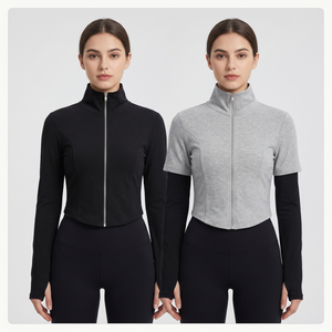 Blouson court zippé pour femme - Sweat-shirt athleisure tricoté à col montant, ourlet incurvé, coupe-vent - Product Image 1