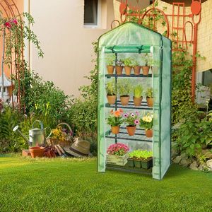 Serra da Giardino 69x49x160cm Nera con Struttura in Tubi di Ferro, Mini Supporto per Fiori a 4 Livelli, Griglia, Porta Avvolgibile con Cerniera e Telo in PE - Product Image 3