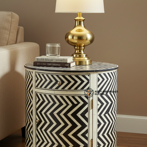 Modern Eco-Friendly <b>Black</b> Chevron Bone Inlay Drum <b>Side</b> <b>Table</b> Artisan Handmade Bedroom Furniture Living Room Accent <b>Table</b> - Product Image 5