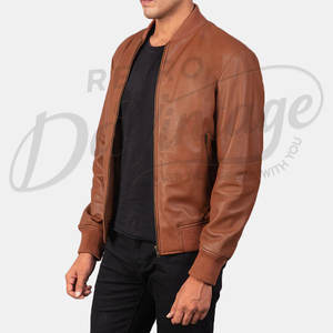 แจ็คเก็ตหนังแท้ทรงบอมเบอร์สำหรับผู้ชาย สีแทน ดีไซน์เรียบง่าย ซิปหน้า คอเบสบอล ทรงเข้ารูป สไตล์ลำลอง - Product Image 4