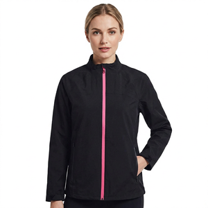 Men's Black Windproof Sporty Jacket With Pink Zipper Stand Collar Regular Fit Autumn Wear - Product Image 2